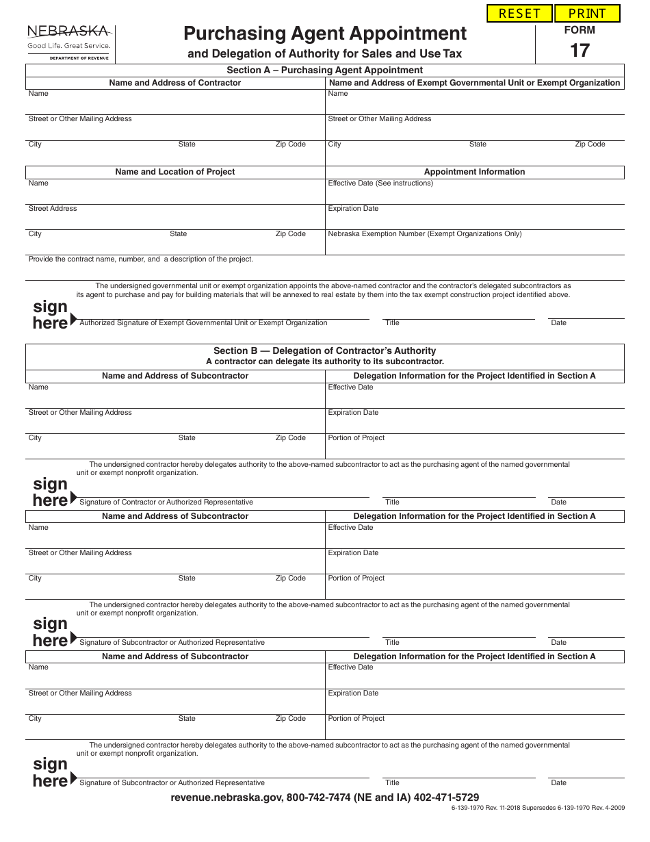 Form 17 Purchasing Agent Appointment and Delegation of Authority for Sales and Use Tax - Nebraska, Page 1