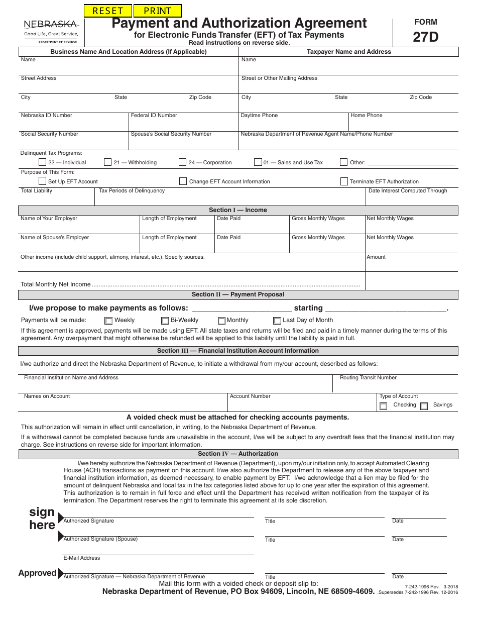 Form 27D Payment and Authorization Agreement for Electronic Funds Transfer (Eft) of Tax Payments - Nebraska, Page 1