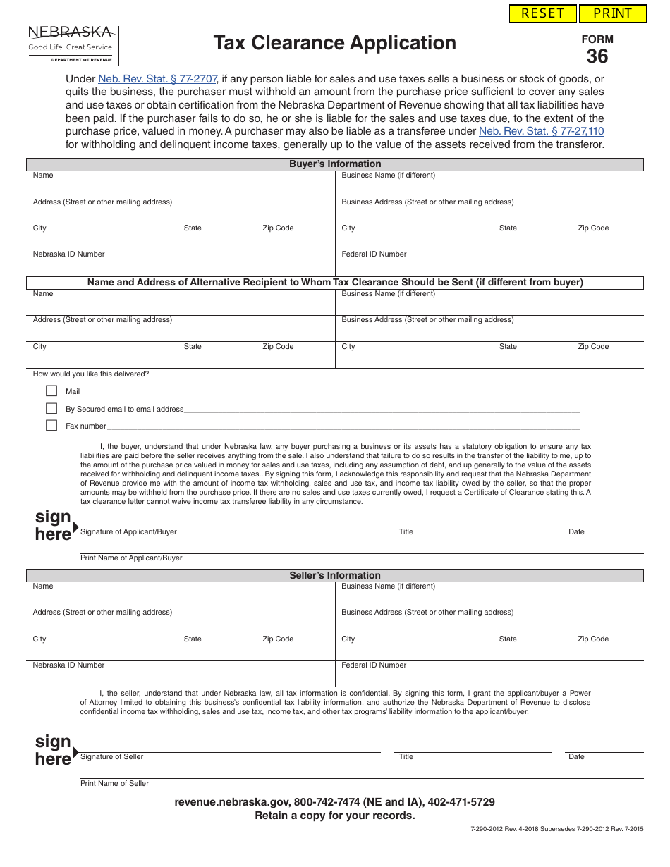 Form 36 Tax Clearance Application - Nebraska, Page 1