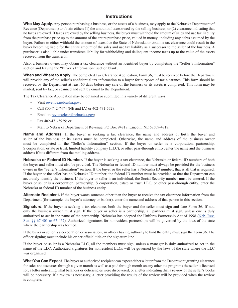 Form 36 Tax Clearance Application - Nebraska, Page 2