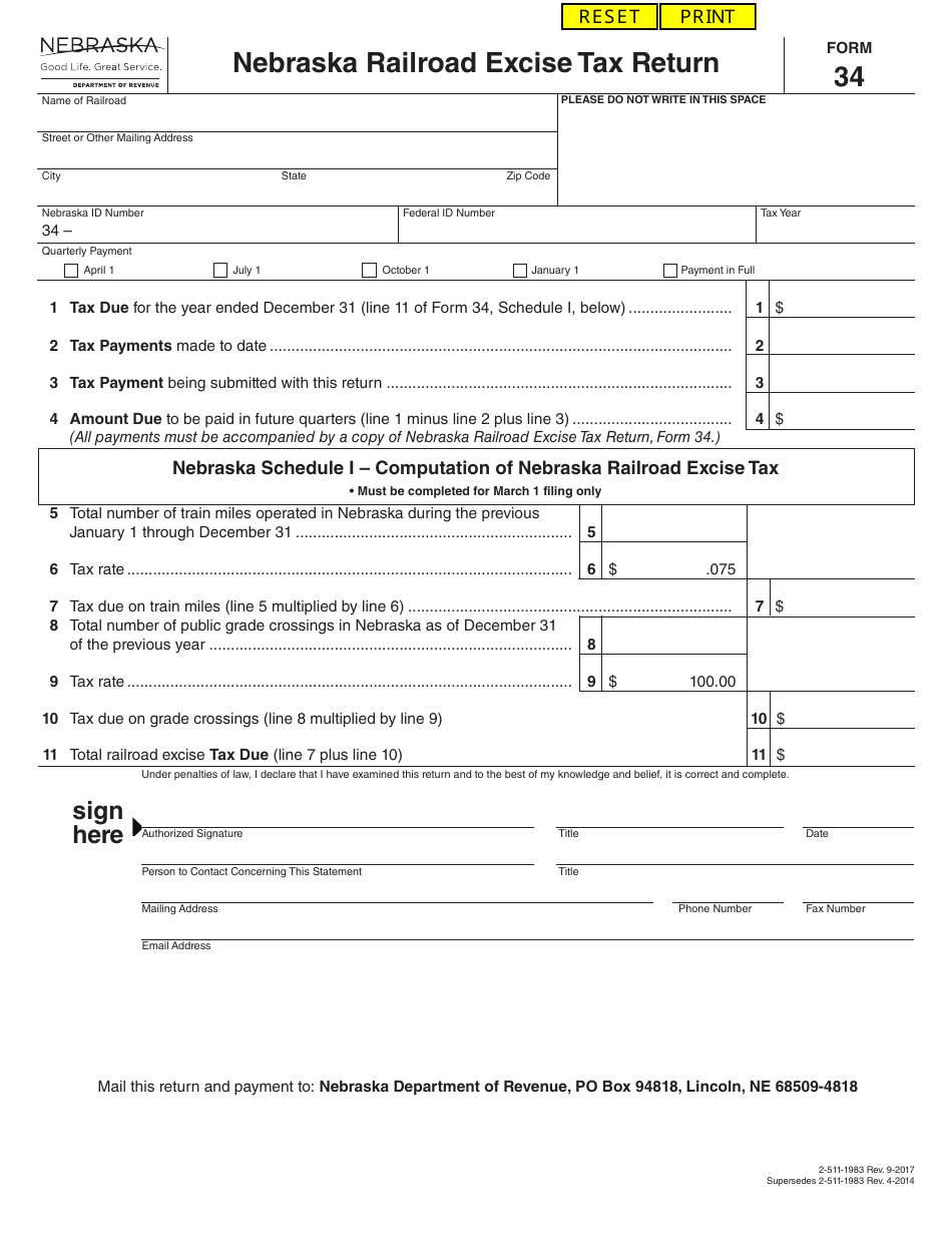 Form 34 Nebraska Railroad Excise Tax Return - Nebraska, Page 1