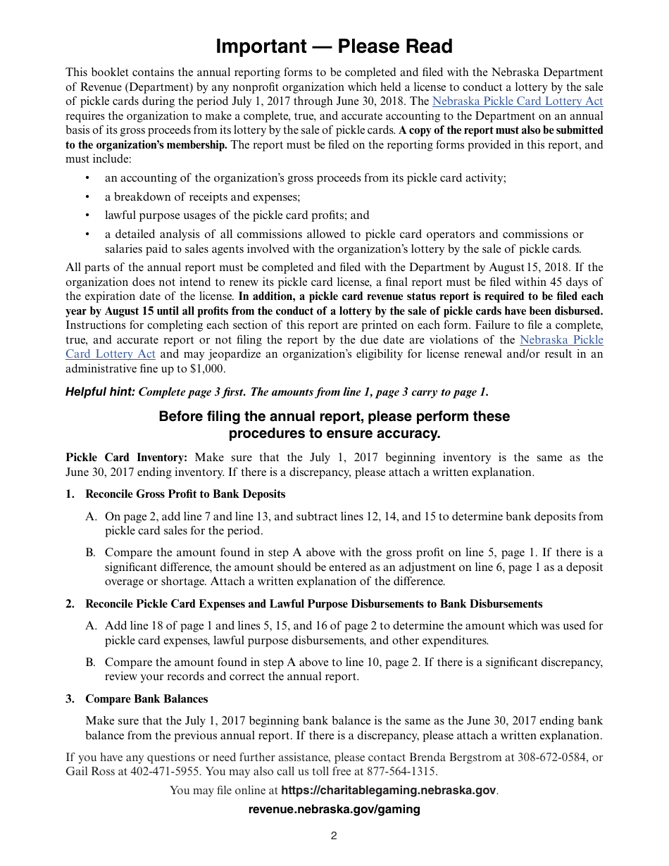 Form 35A Nebraska Lottery by Pickle Card Annual Report - Nebraska, Page 2