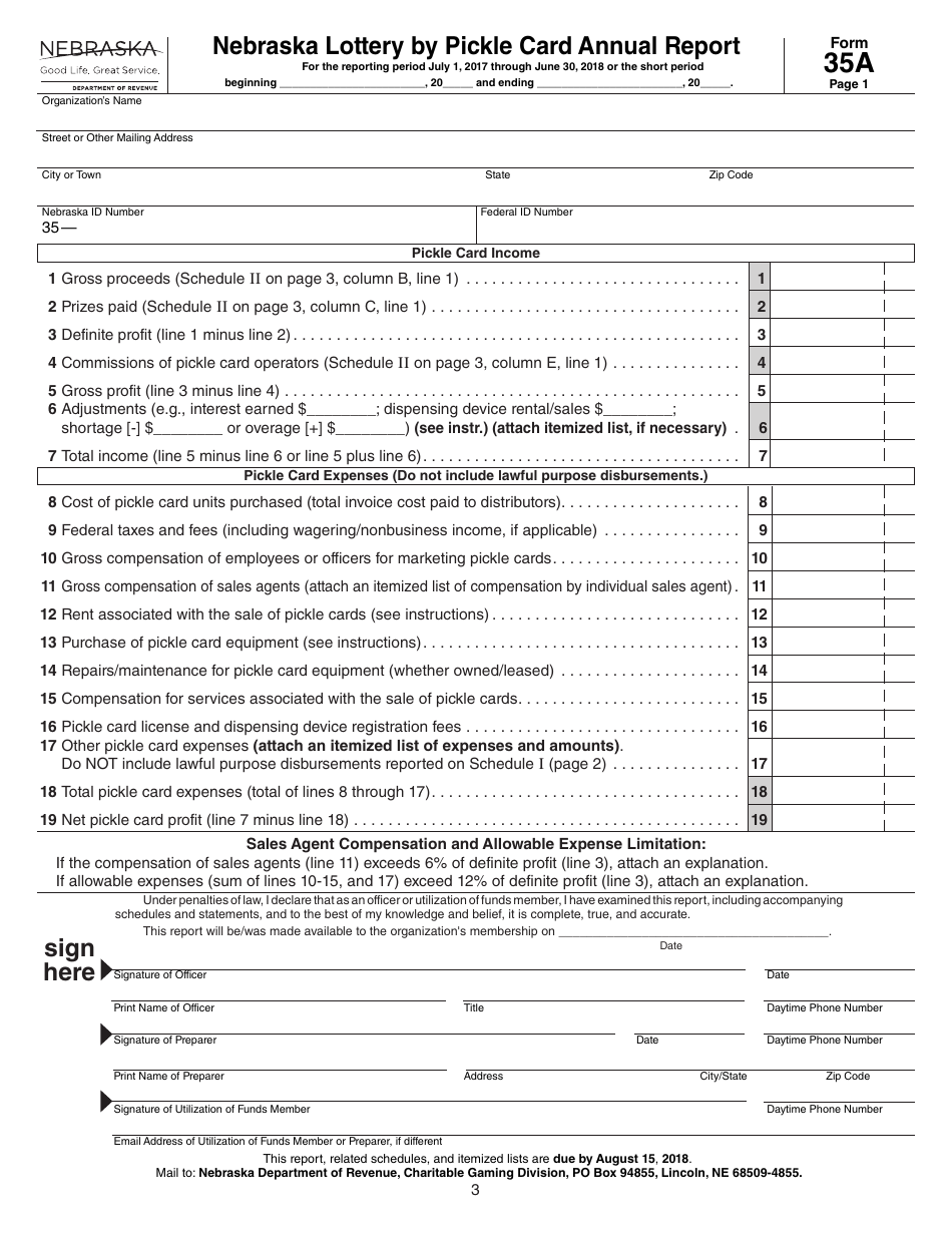 Form 35A Nebraska Lottery by Pickle Card Annual Report - Nebraska, Page 3