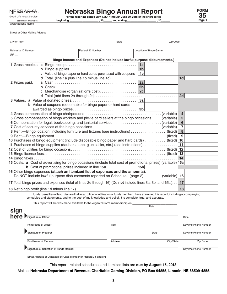 Form 35 Nebraska Class I Bingo Annual Report - Nebraska, Page 3