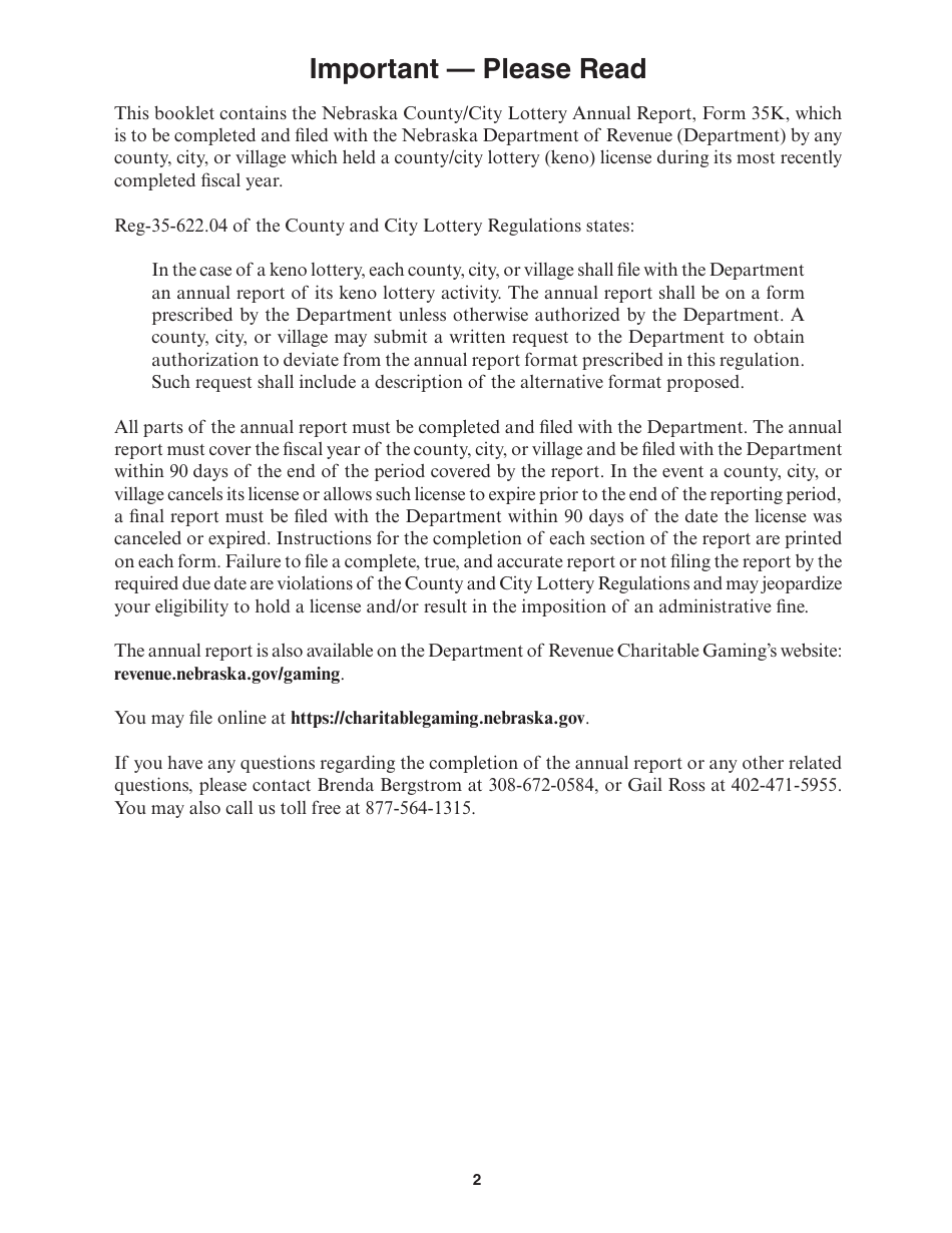 Form 35K Nebraska County / City Lottery Annual Report - Nebraska, Page 2