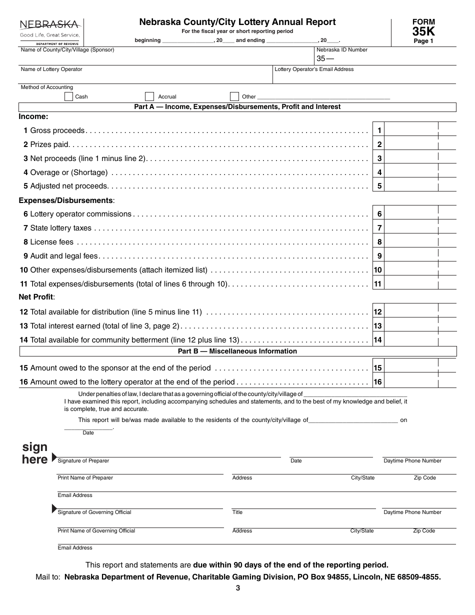 Form 35K Nebraska County / City Lottery Annual Report - Nebraska, Page 3