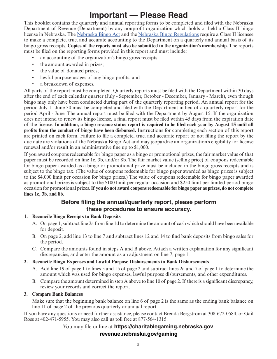 Form 35C Nebraska Class II Bingo Quarterly / Annual Report - Nebraska, Page 2