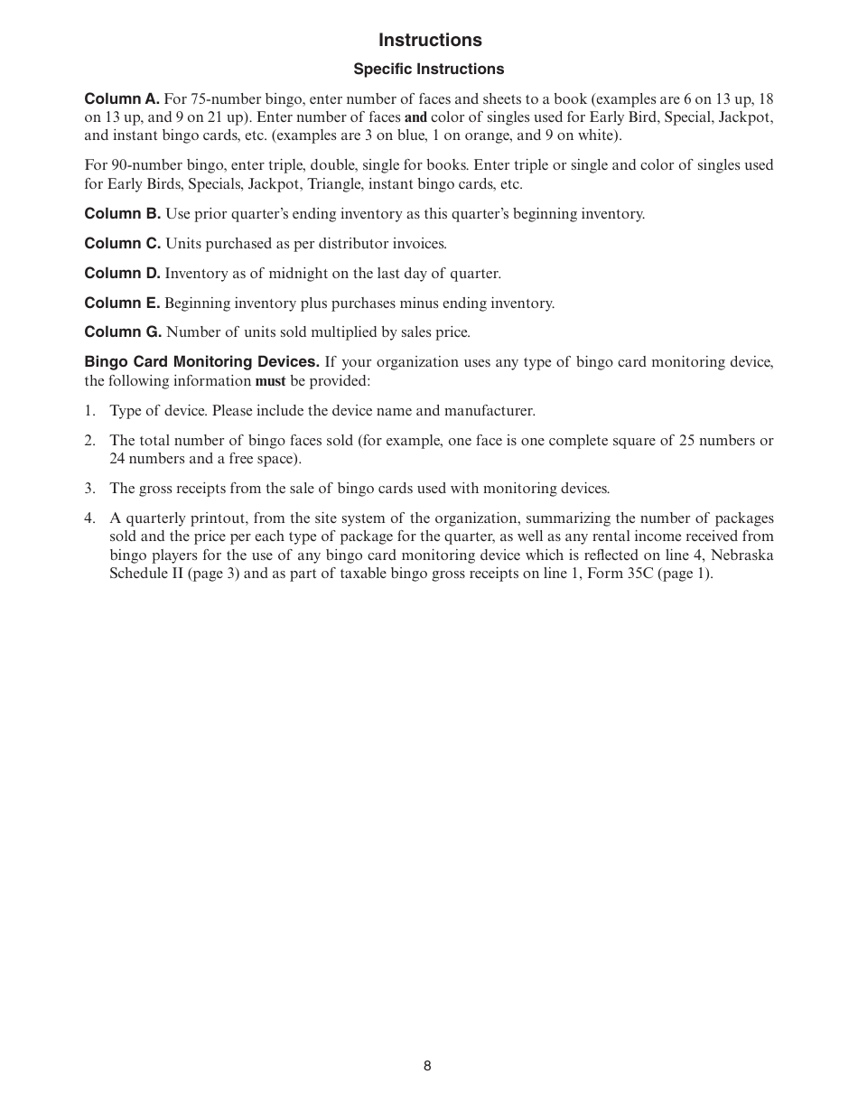 Form 35C Nebraska Class II Bingo Quarterly / Annual Report - Nebraska, Page 8