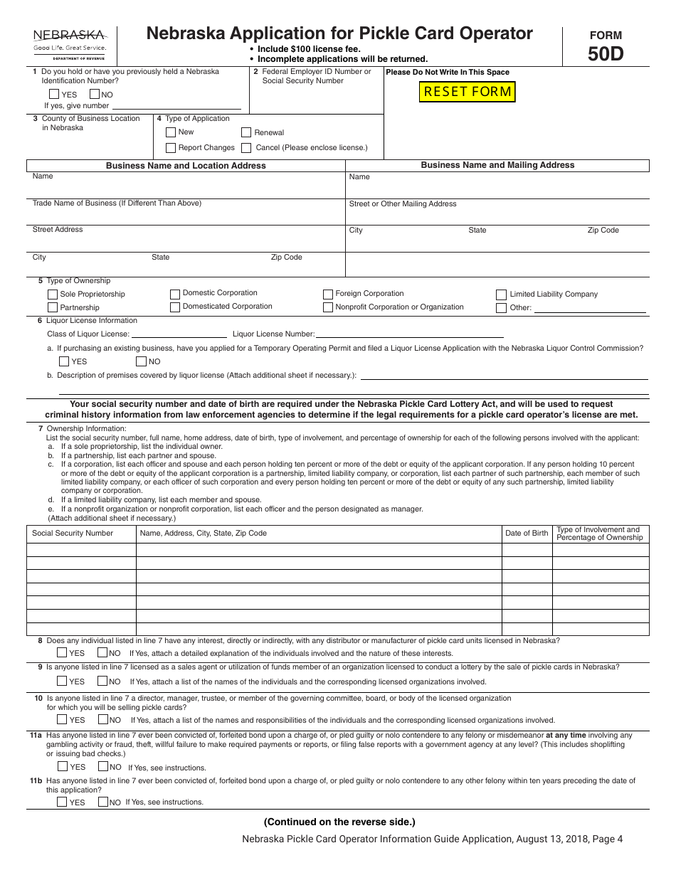 Form 50D Nebraska Application for Pickle Card Operator - Nebraska, Page 1