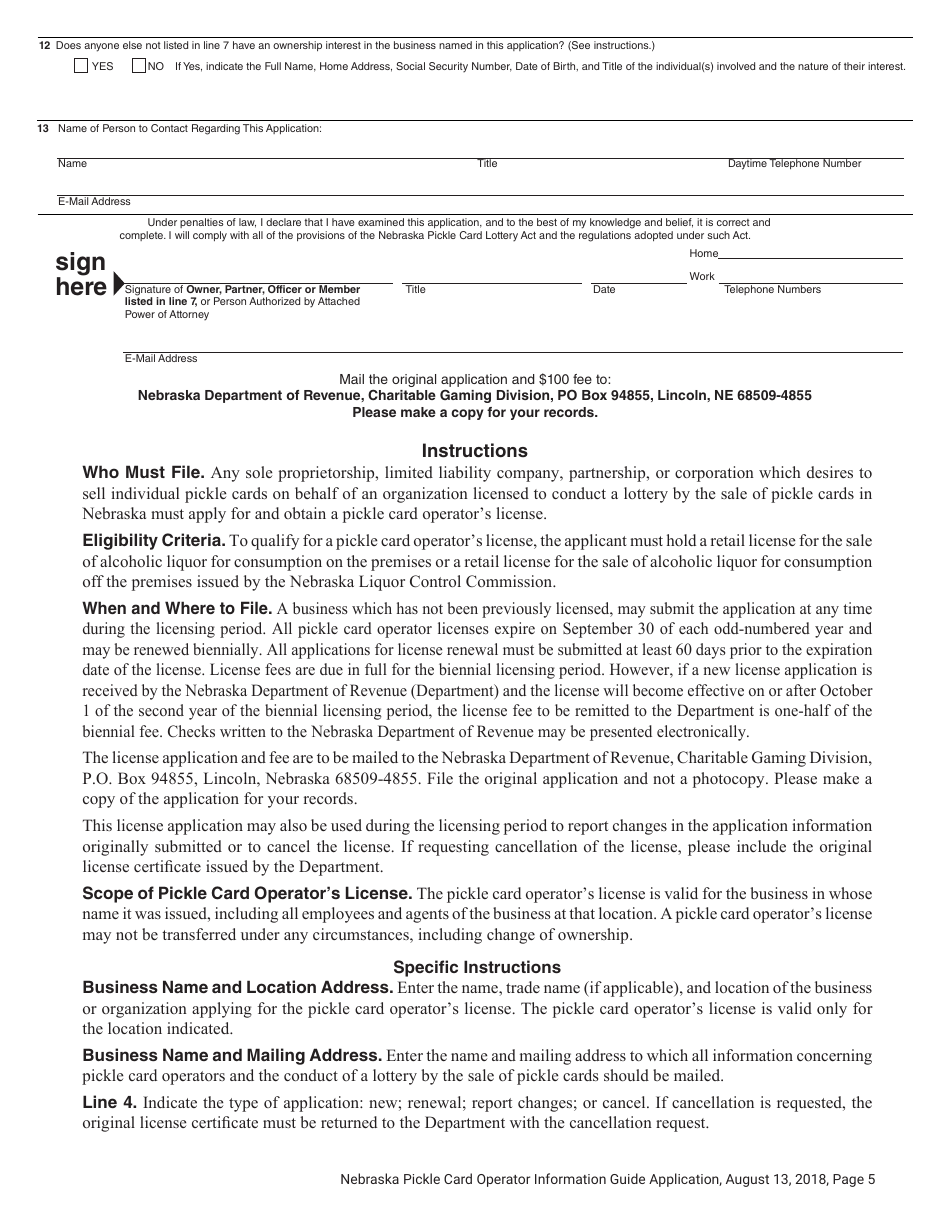 Form 50D Nebraska Application for Pickle Card Operator - Nebraska, Page 2