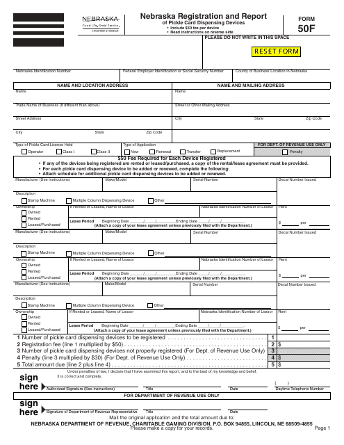 Form 50F Nebraska Registration and Report of Pickle Card Dispensing Devices - Nebraska