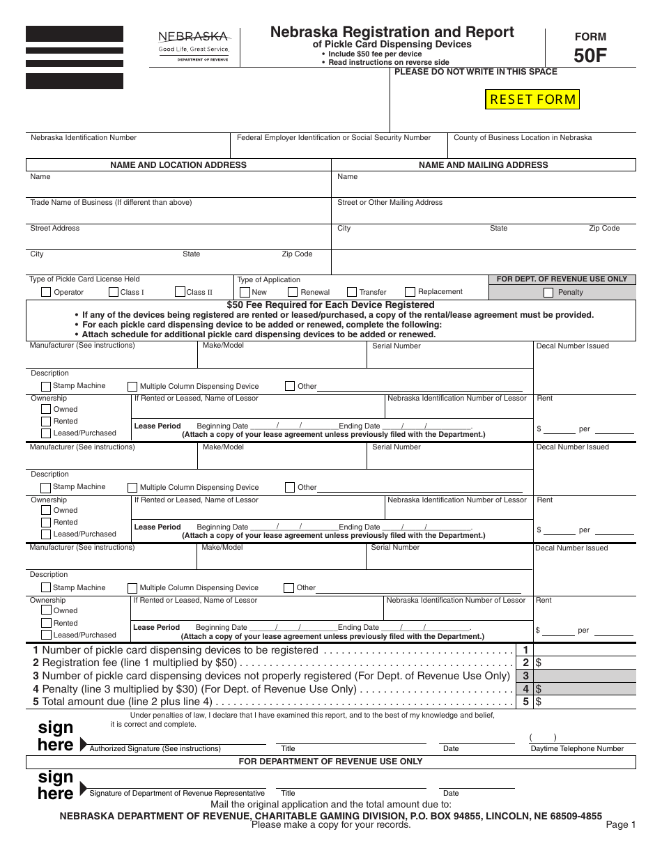 Form 50F Nebraska Registration and Report of Pickle Card Dispensing Devices - Nebraska, Page 1