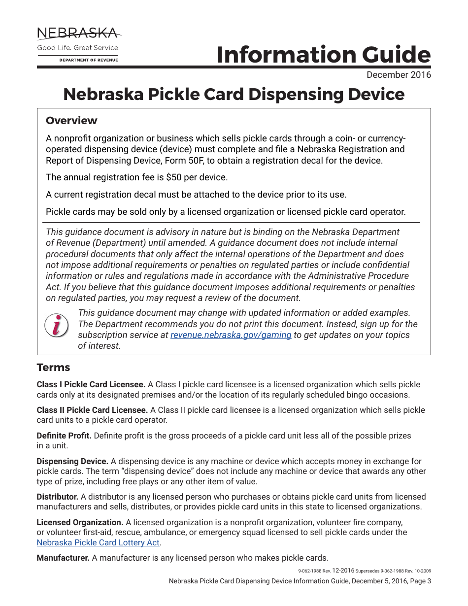 Form 50F Nebraska Registration and Report of Pickle Card Dispensing Devices - Nebraska, Page 3