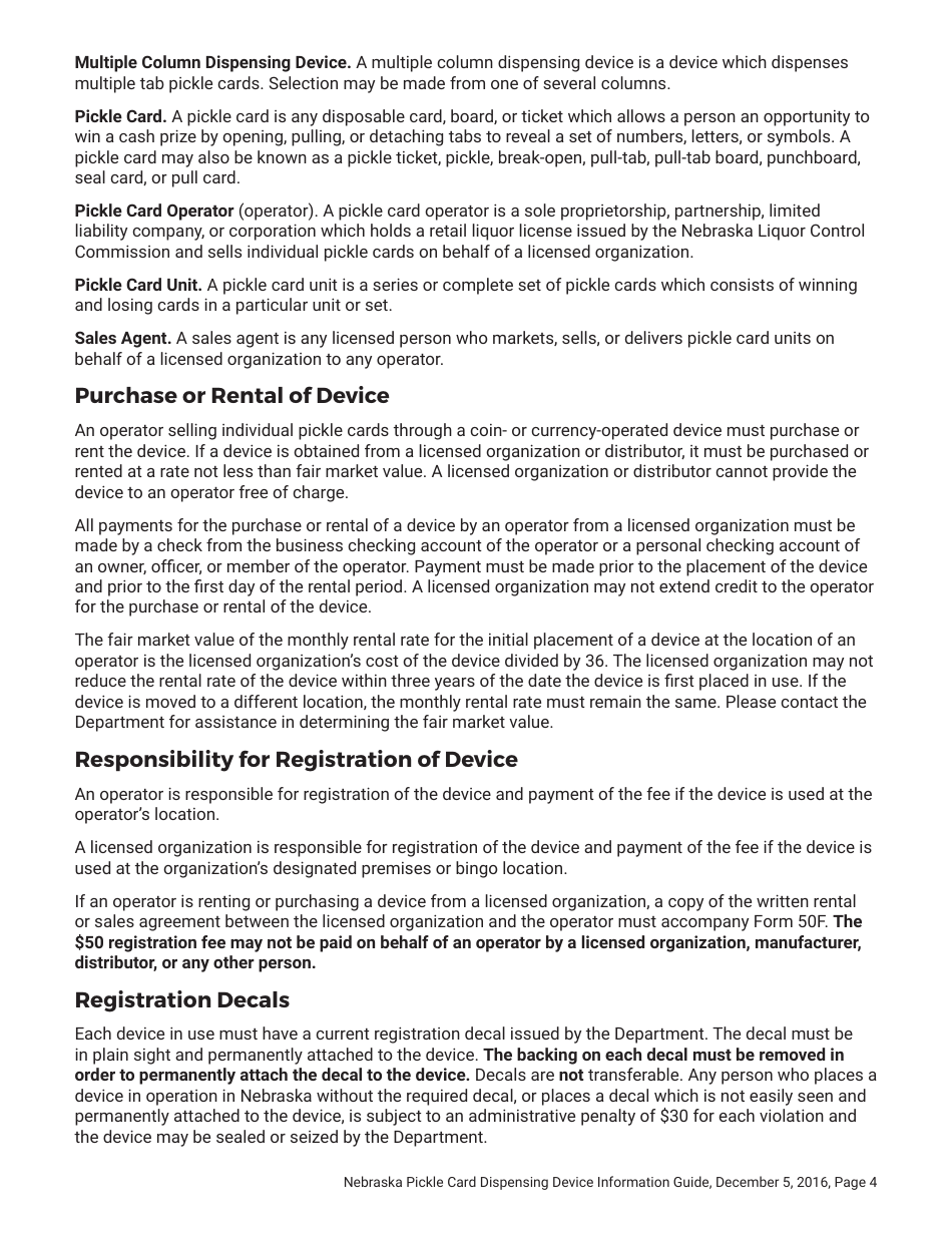 Form 50F Nebraska Registration and Report of Pickle Card Dispensing Devices - Nebraska, Page 4