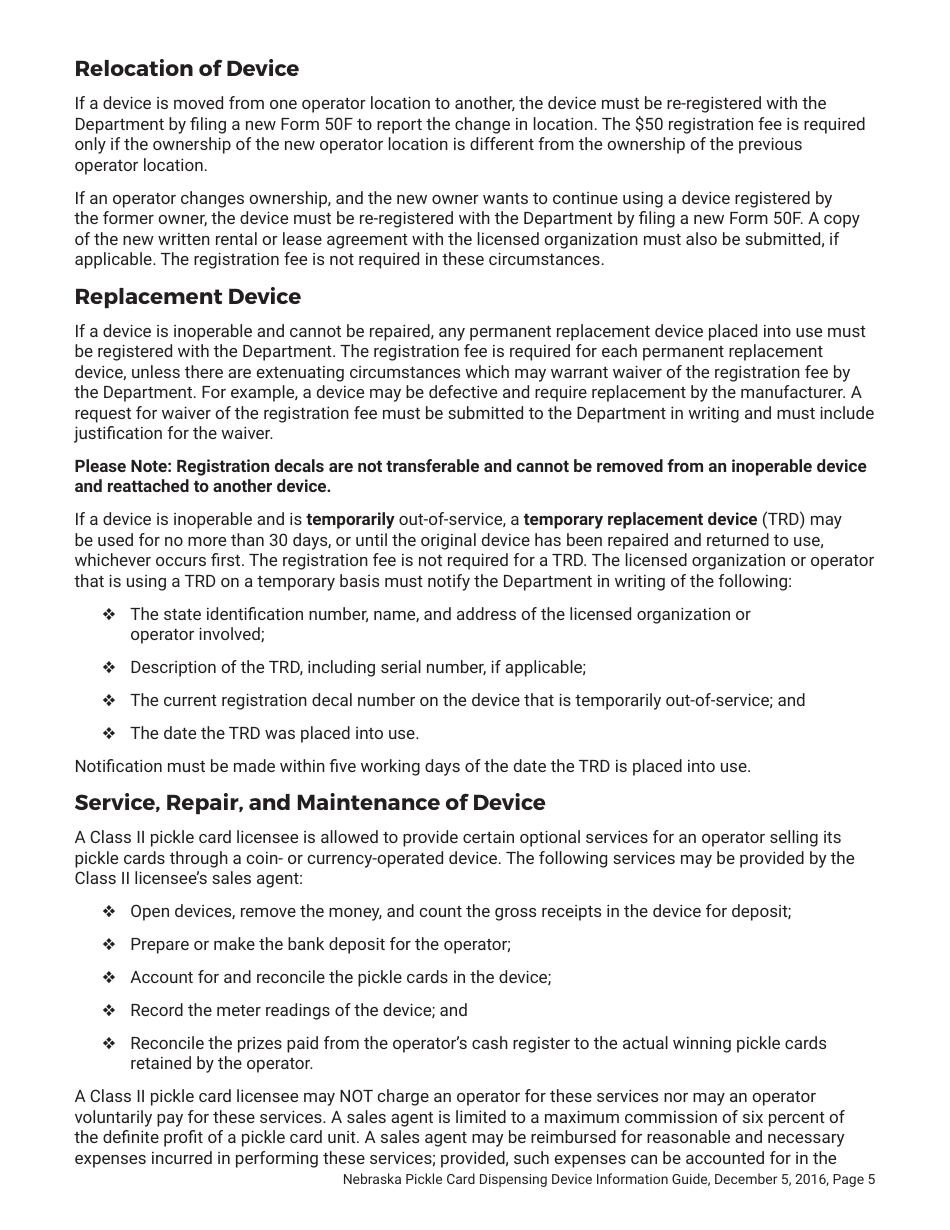 Form 50F Nebraska Registration and Report of Pickle Card Dispensing Devices - Nebraska, Page 5