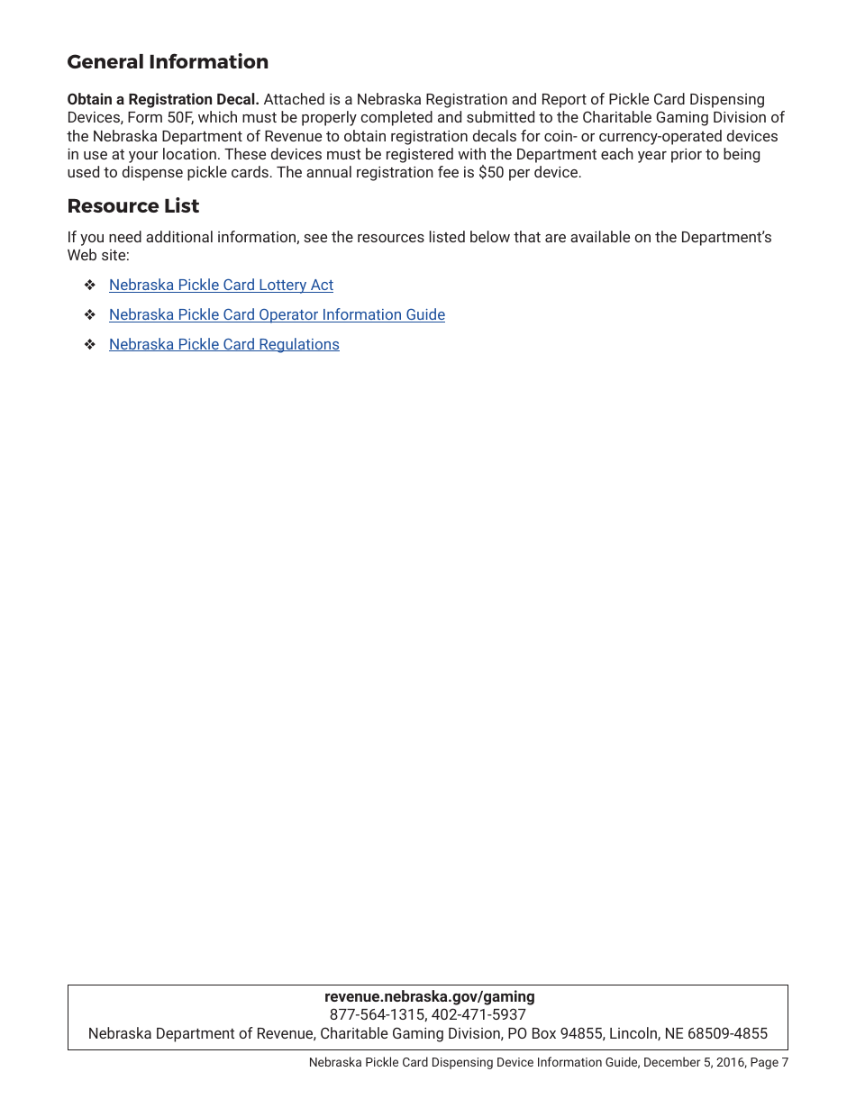 Form 50F Nebraska Registration and Report of Pickle Card Dispensing Devices - Nebraska, Page 7