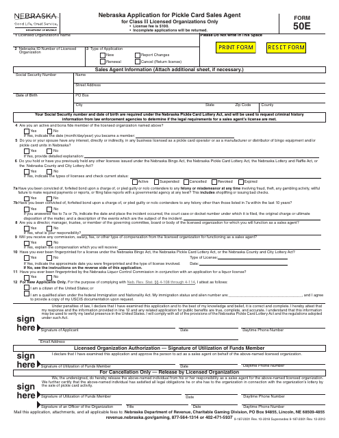Form 50E Nebraska Application for Pickle Card Sales Agent for Class II Licensed Organizations Only - Nebraska