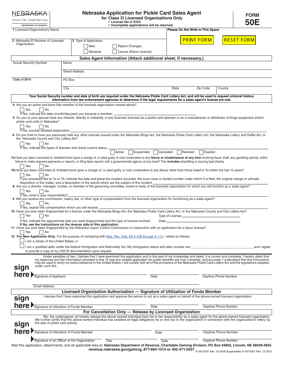Form 50E Nebraska Application for Pickle Card Sales Agent for Class II Licensed Organizations Only - Nebraska, Page 1