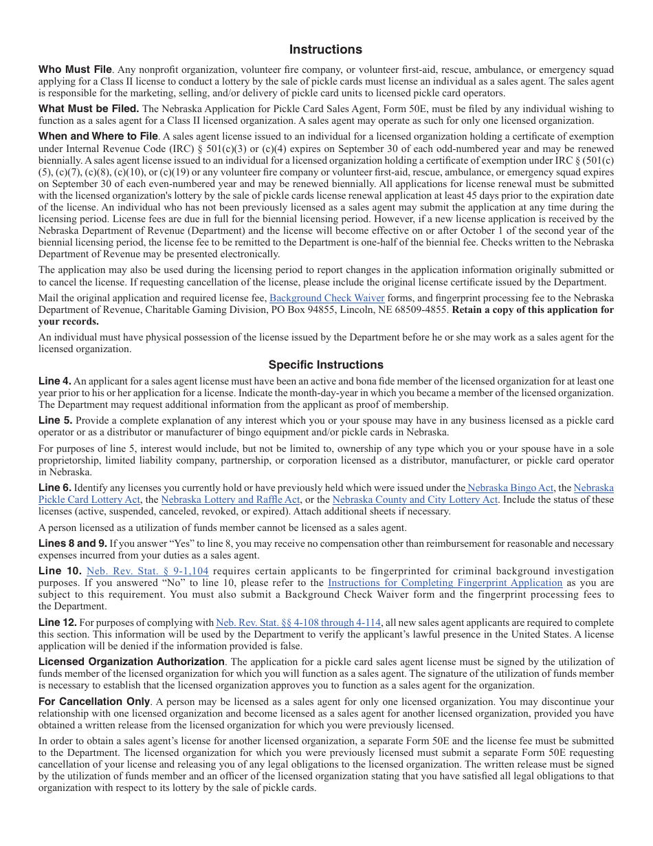 Form 50E Nebraska Application for Pickle Card Sales Agent for Class II Licensed Organizations Only - Nebraska, Page 2