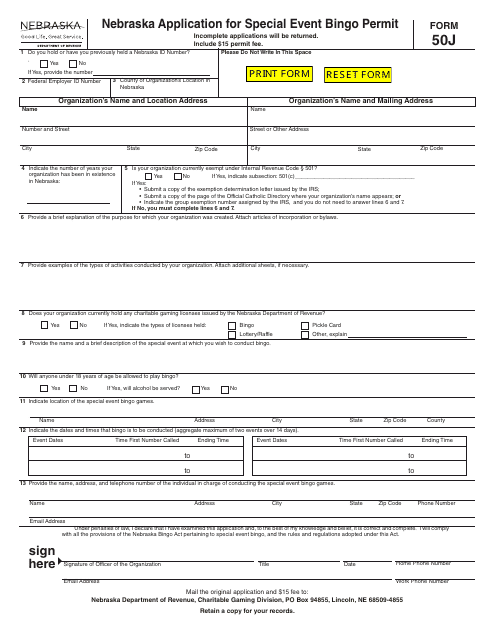 Form 50J Nebraska Application for Special Event Bingo Permit - Nebraska