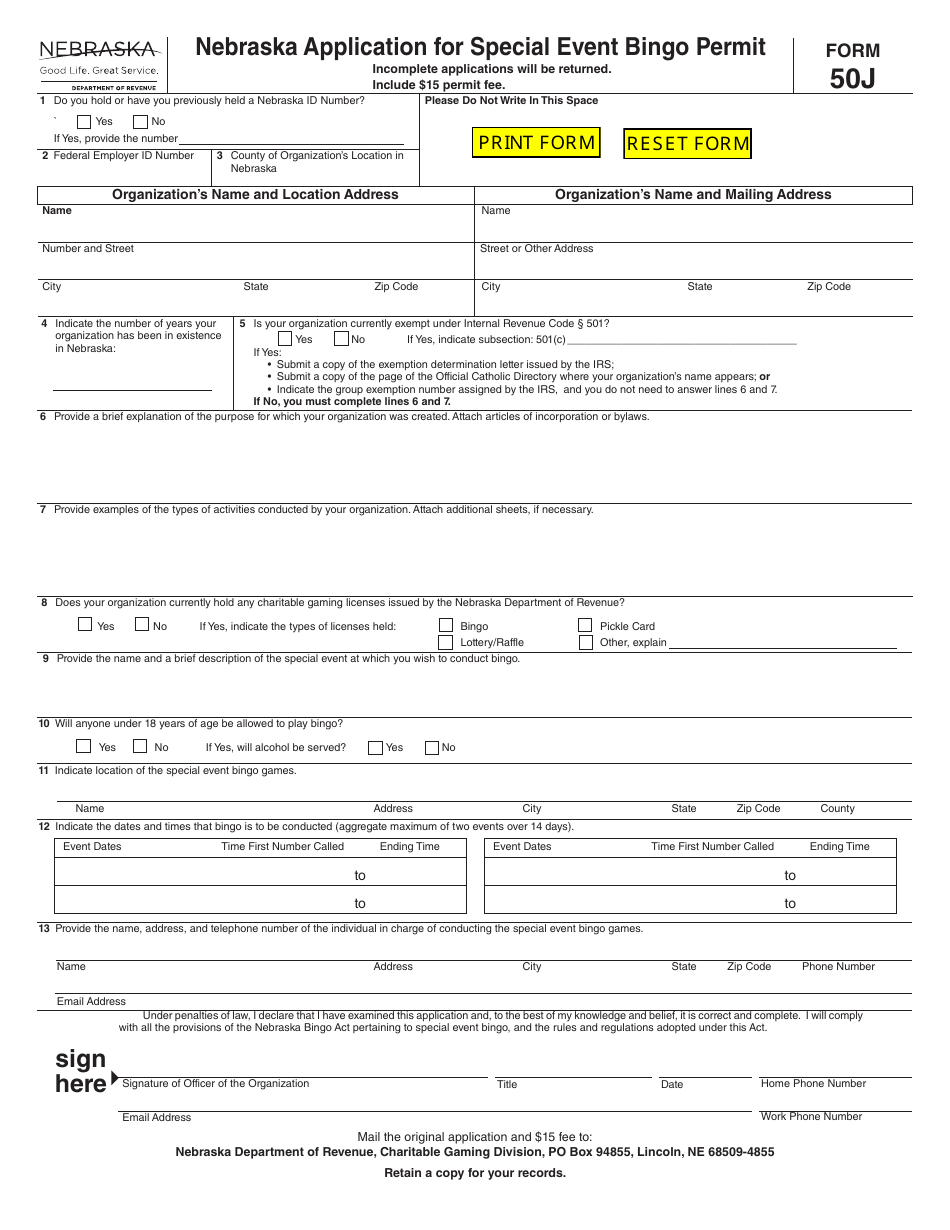 Form 50J Nebraska Application for Special Event Bingo Permit - Nebraska, Page 1