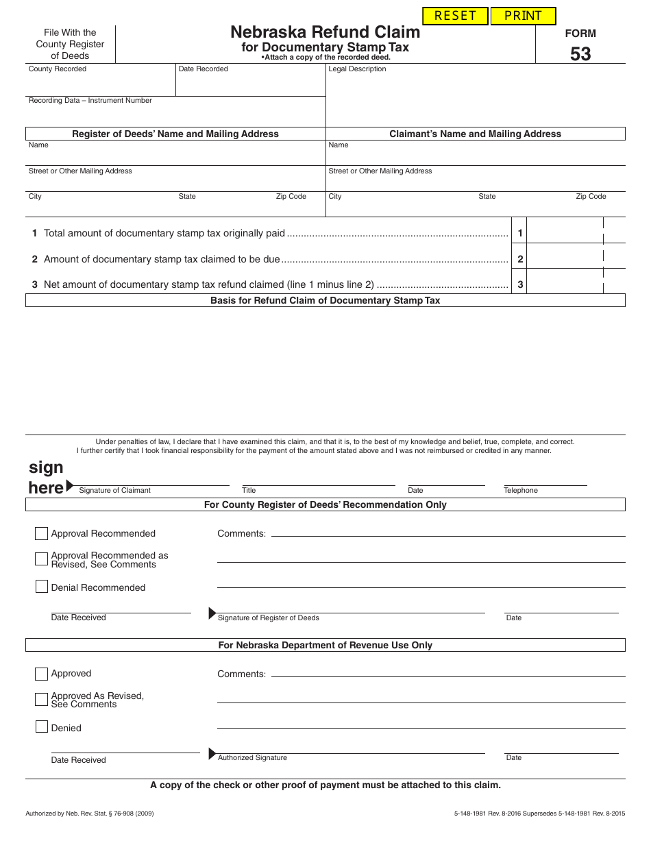 Form 53 Download Fillable PDF or Fill Online Nebraska Refund Claim for