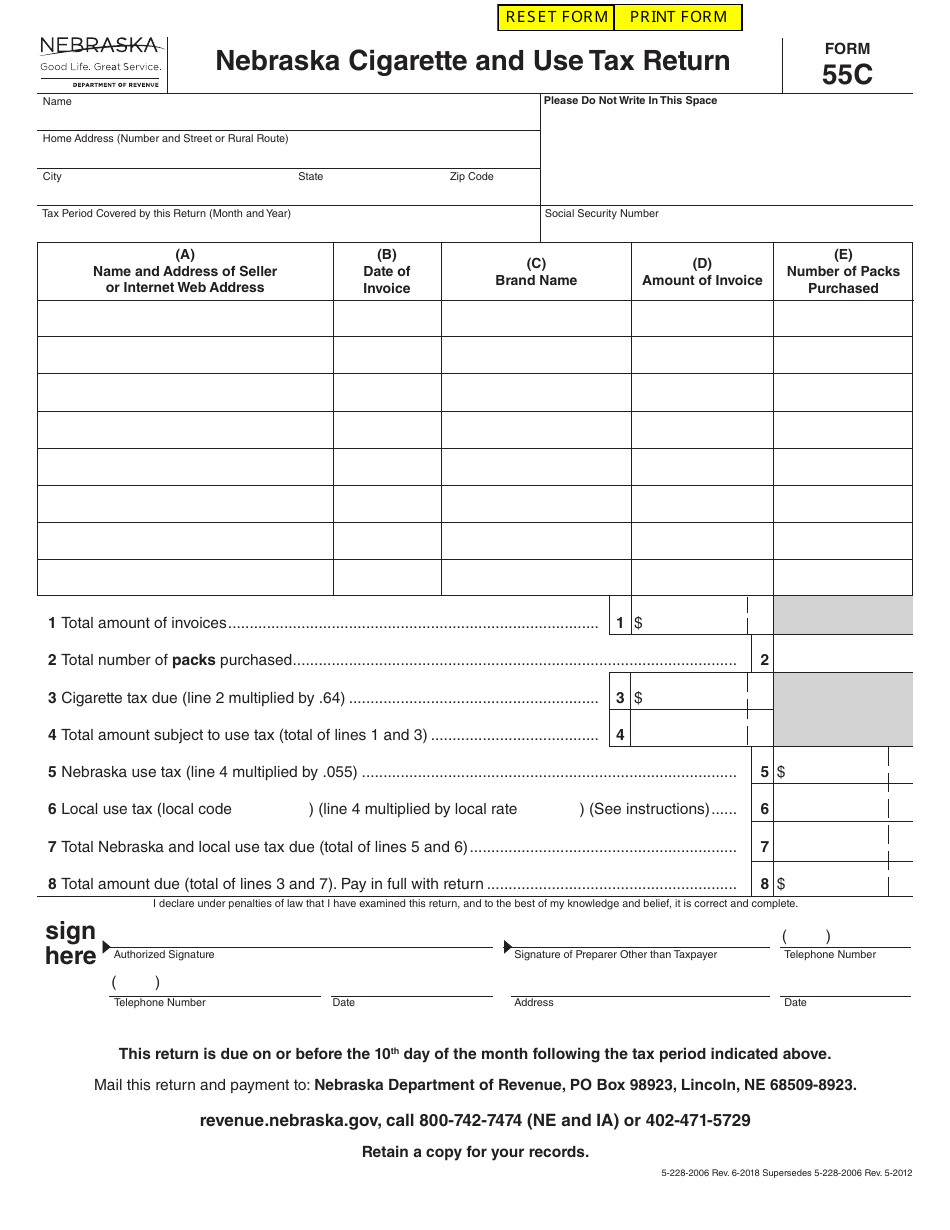 Form 55C Nebraska Cigarette and Use Tax Return - Nebraska, Page 1