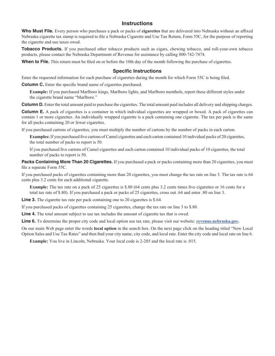 Form 55C Nebraska Cigarette and Use Tax Return - Nebraska, Page 2