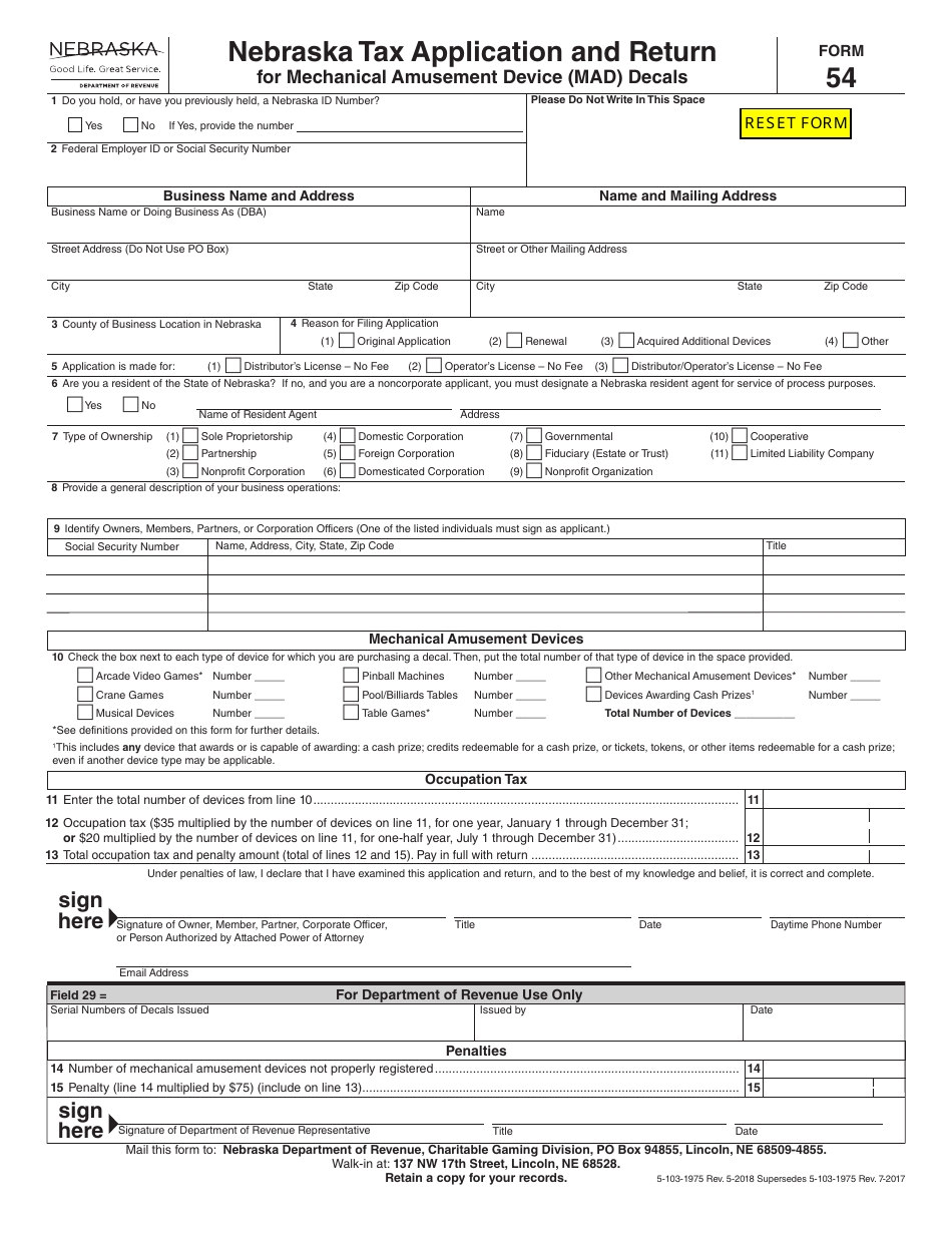 Form 54 Nebraska Tax Application and Return for Mechanical Amusement Device (Mad) Decals - Nebraska, Page 1