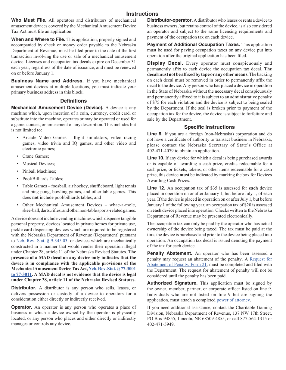 Form 54 Nebraska Tax Application and Return for Mechanical Amusement Device (Mad) Decals - Nebraska, Page 2