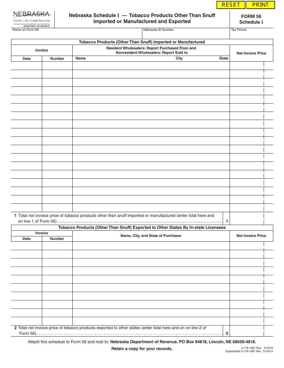 Form 56 Schedule I Tobacco Products Other Than Snuff Imported or Manufactured and Exported - Nebraska, Page 1