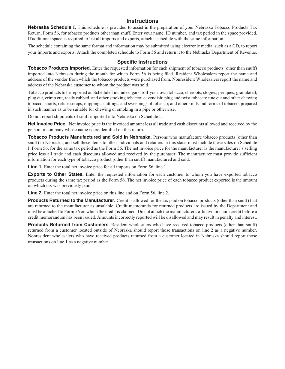Form 56 Schedule I Tobacco Products Other Than Snuff Imported or Manufactured and Exported - Nebraska, Page 2