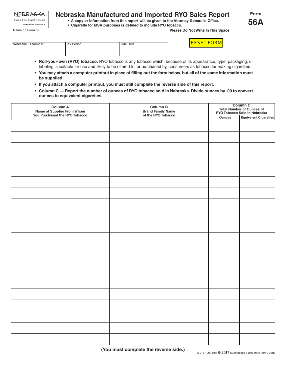 Form 56A Nebraska Manufactured and Imported Ryo Sales Report - Nebraska, Page 1