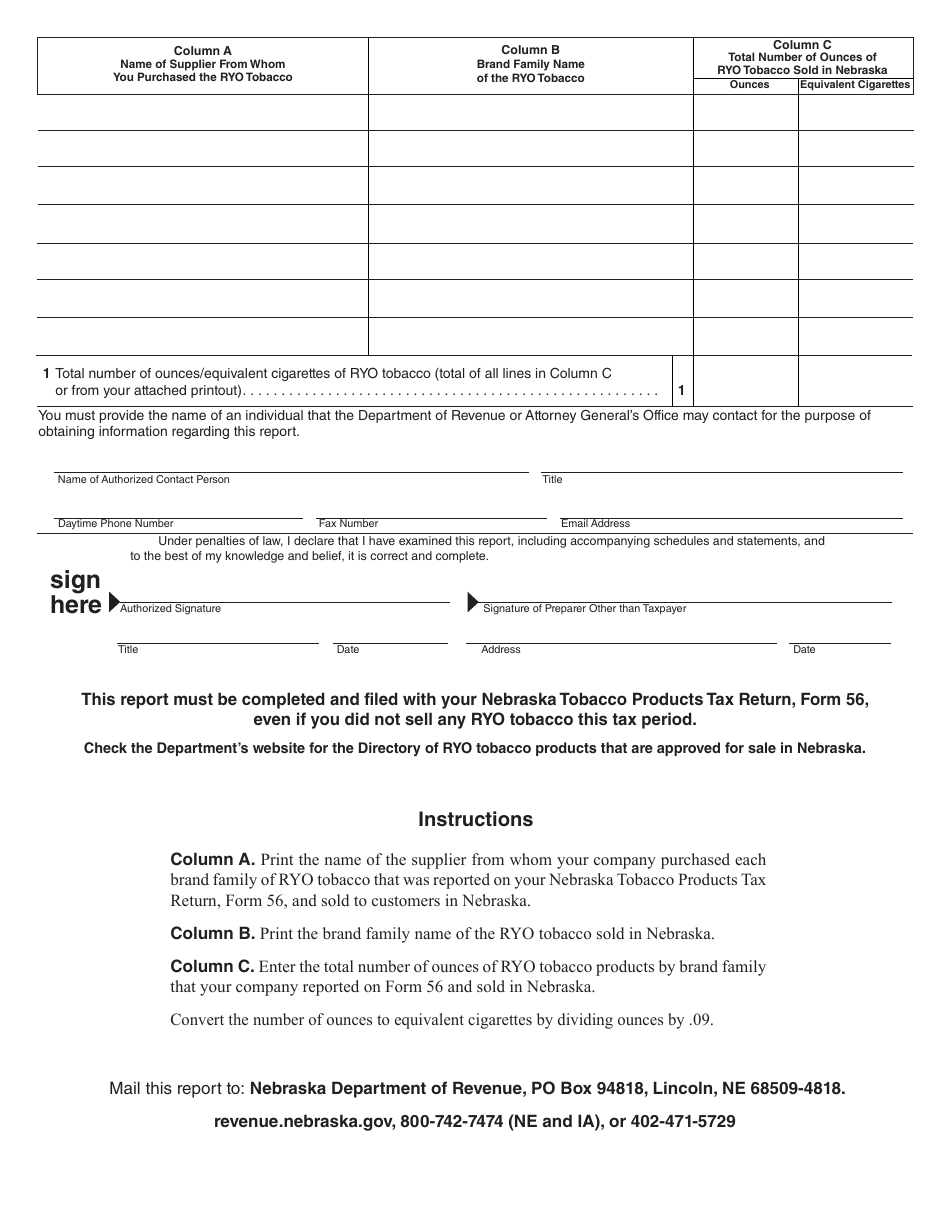 Form 56A Nebraska Manufactured and Imported Ryo Sales Report - Nebraska, Page 2