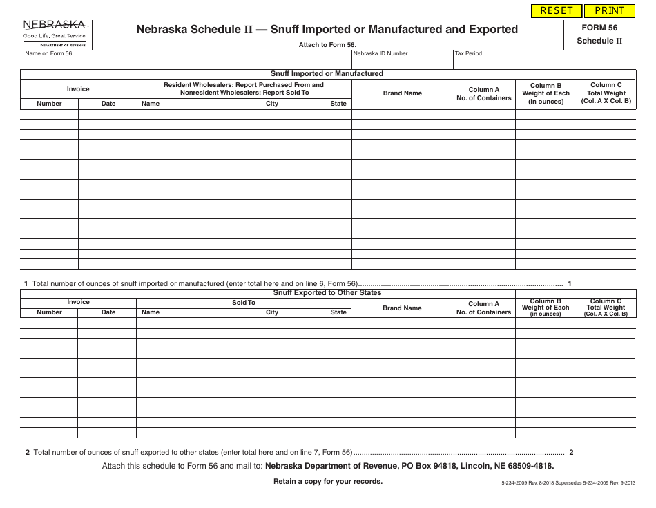 Form 56 Schedule II Snuff Imported or Manufactured and Exported - Nebraska, Page 1