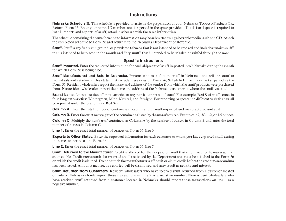 Form 56 Schedule II Snuff Imported or Manufactured and Exported - Nebraska, Page 2