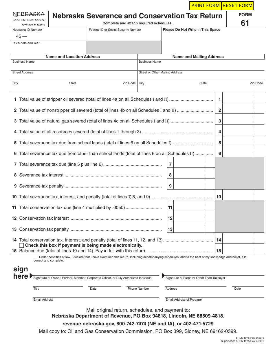 Form 61 Nebraska Severance and Conservation Tax Return - Nebraska, Page 1