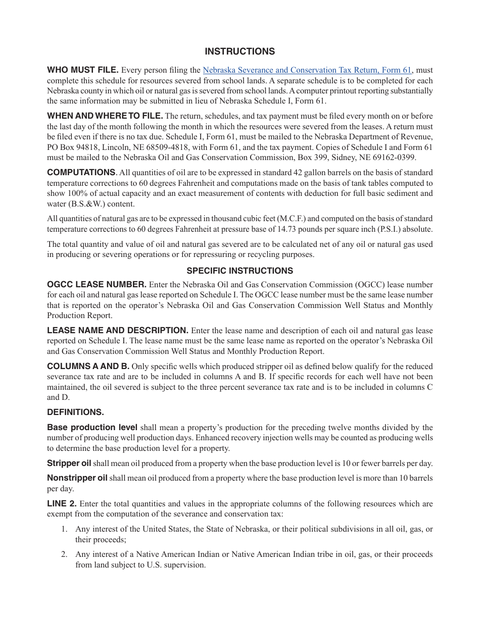 Form 61 Schedule I Resources Severed From School Lands - Nebraska, Page 2