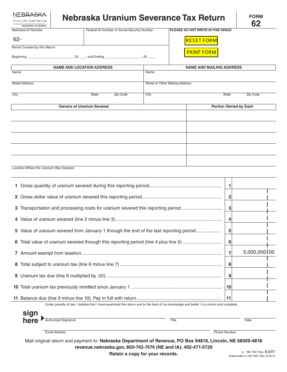 Form 62 Nebraska Uranium Severance Tax Return - Nebraska, Page 1