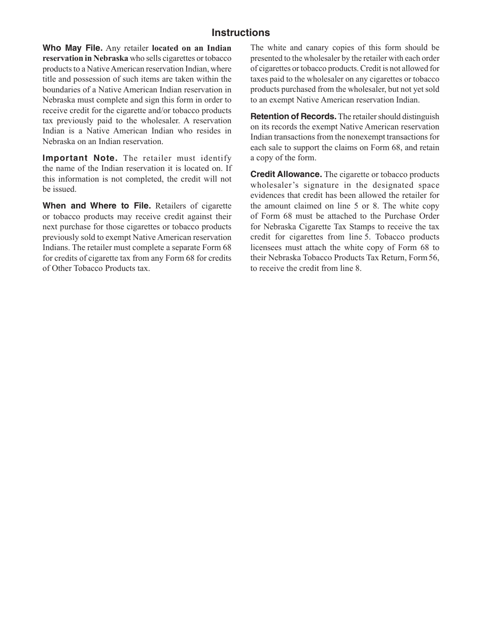 Form 68 Nebraska Credit Computation for Cigarettes and Tobacco Products Sold to Native American Reservation Indians - Nebraska, Page 2