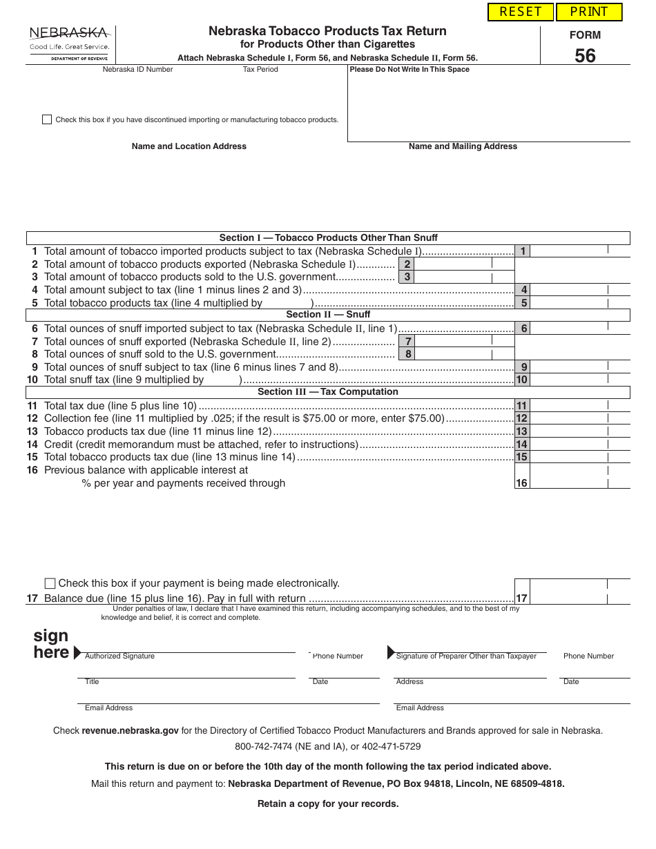 Form 56 Nebraska Tobacco Products Tax Return for Products Other Than Cigarettes - Nebraska, Page 1