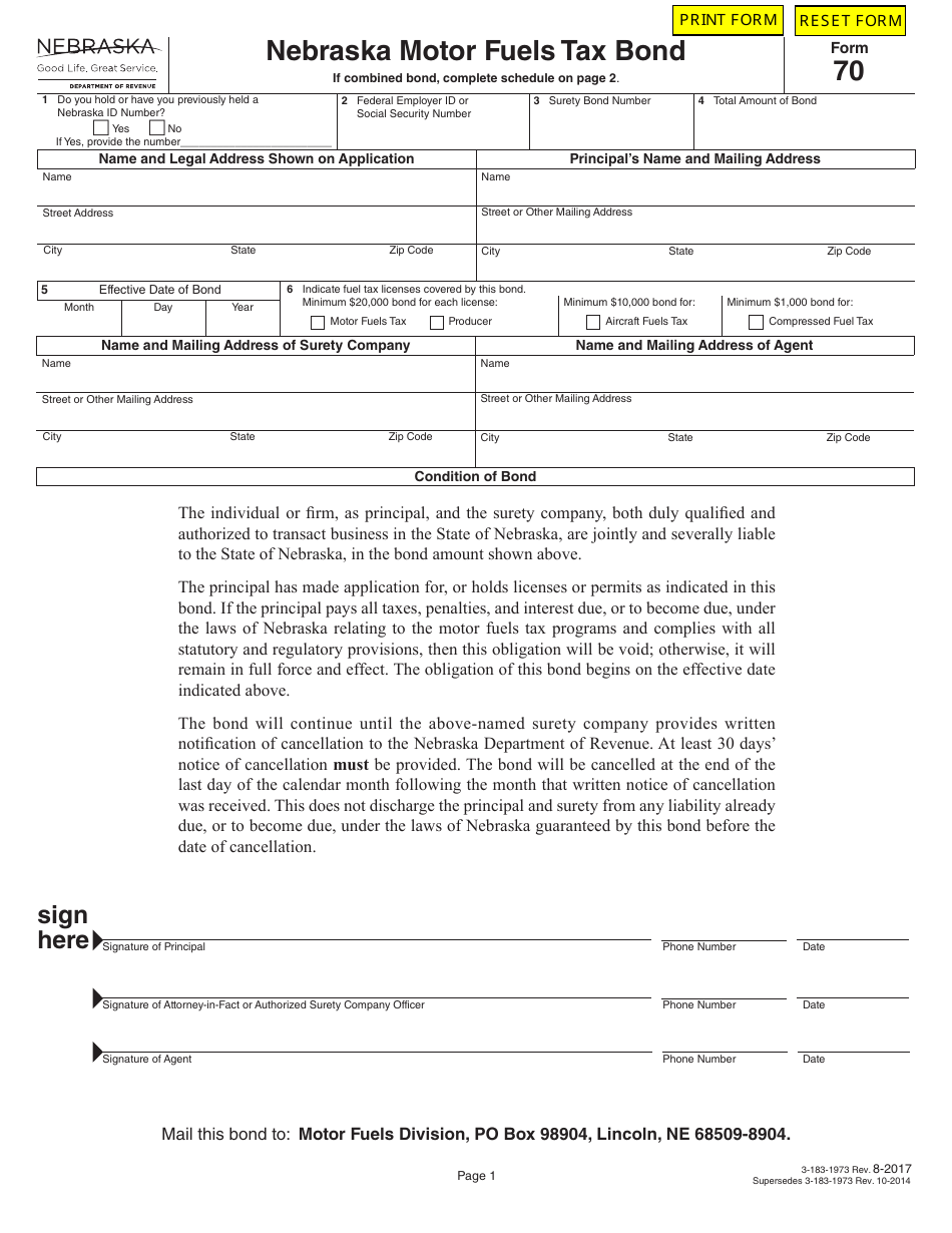 Form 70 Nebraska Motor Fuels Tax Bond - Nebraska, Page 1