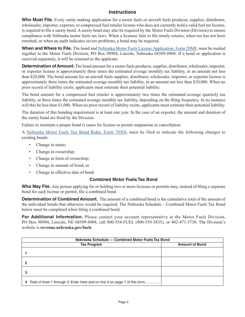 Form 70 Nebraska Motor Fuels Tax Bond - Nebraska, Page 2