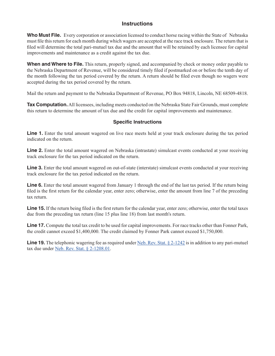 Form 69 Nebraska Pari-Mutuel Wagering Tax Return - Nebraska, Page 2