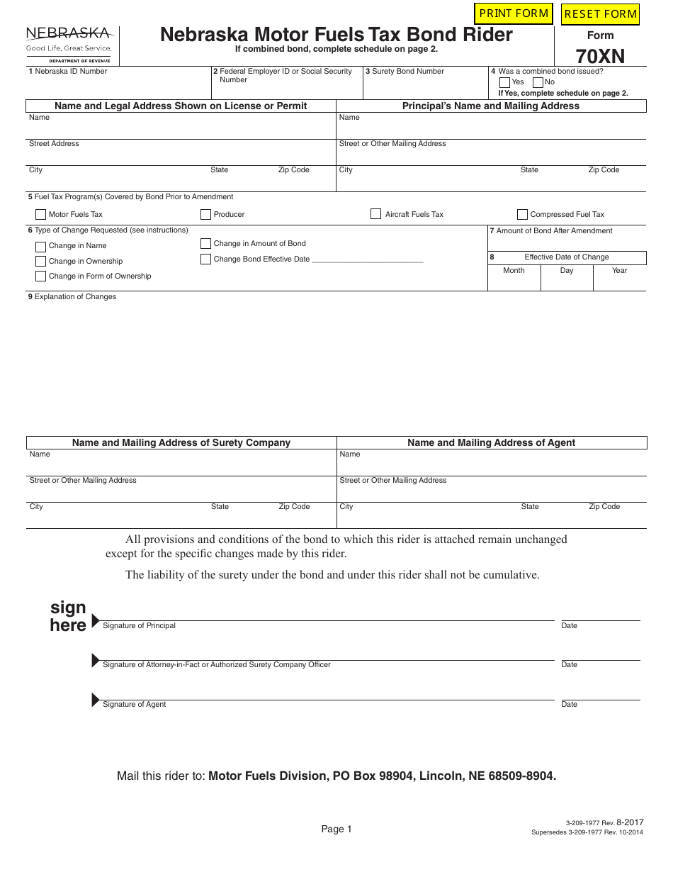 Form 70XN Nebraska Motor Fuels Tax Bond Rider - Nebraska, Page 1