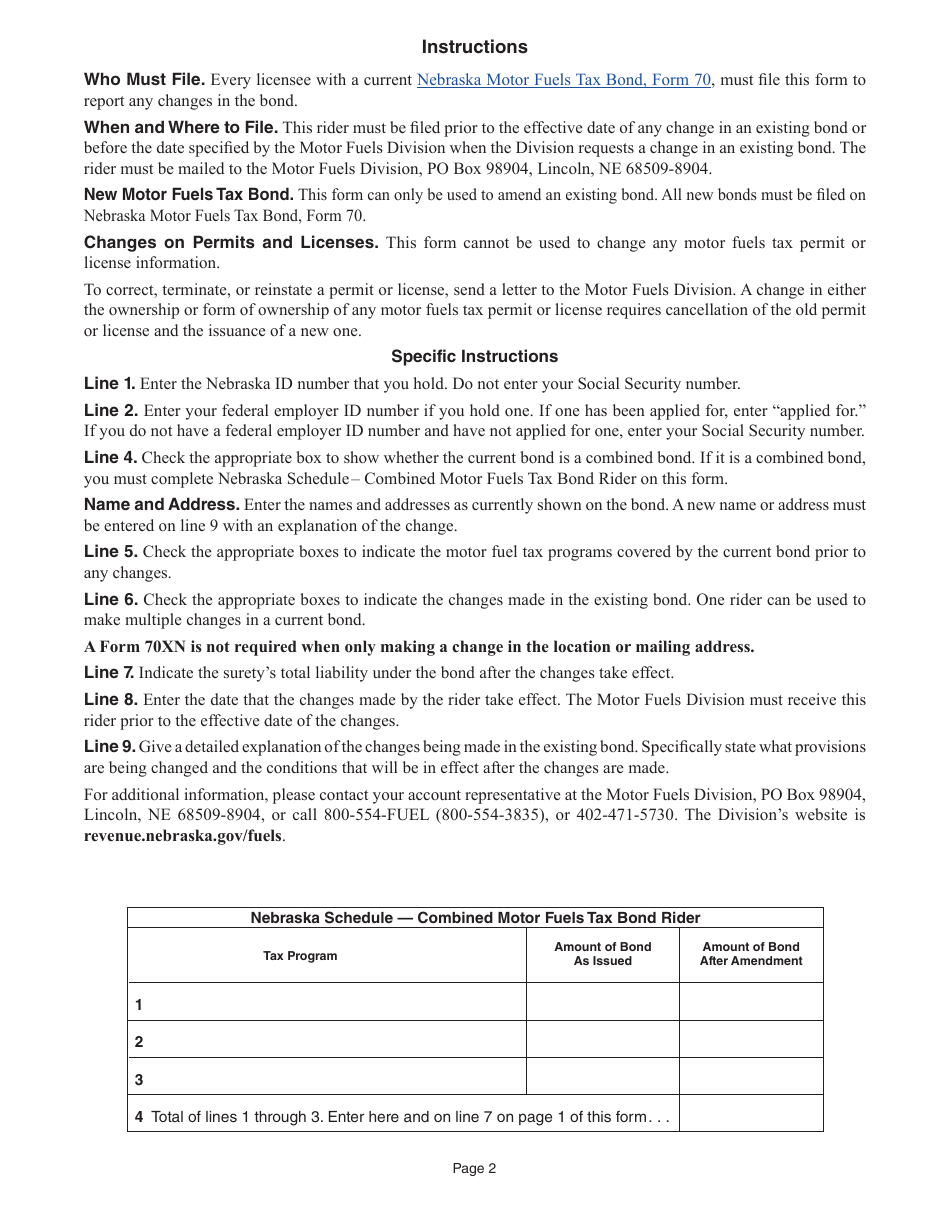 Form 70XN Nebraska Motor Fuels Tax Bond Rider - Nebraska, Page 2