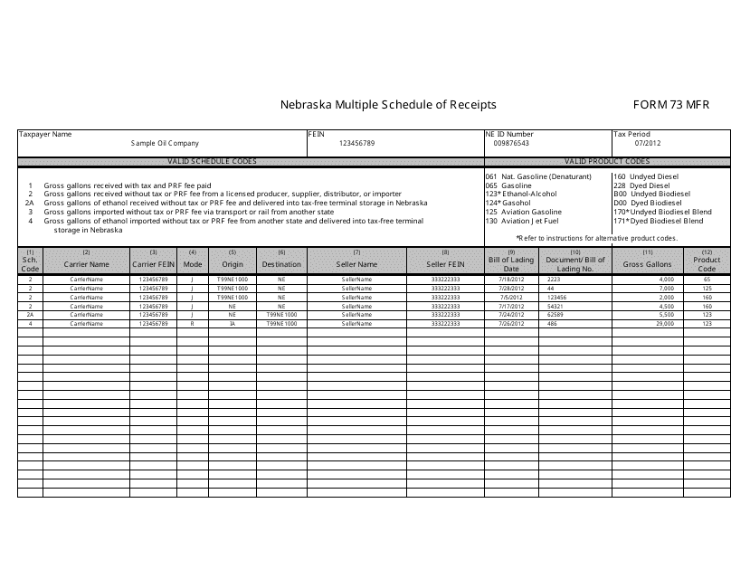 Form 73 MFR Nebraska Multiple Schedule of Receipts - Nebraska