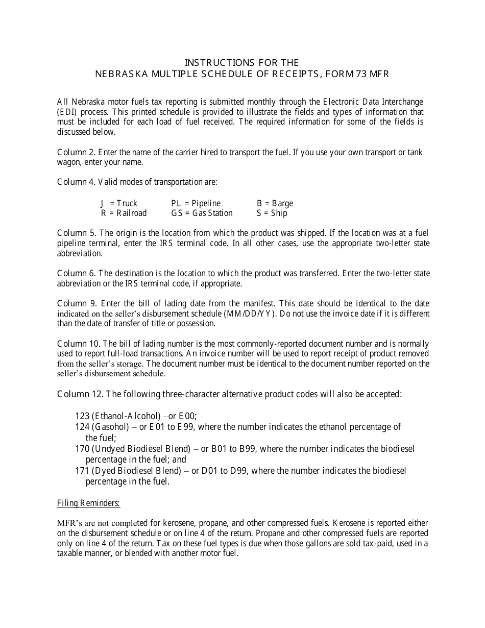 Form 73 MFR Nebraska Multiple Schedule of Receipts - Nebraska, Page 2