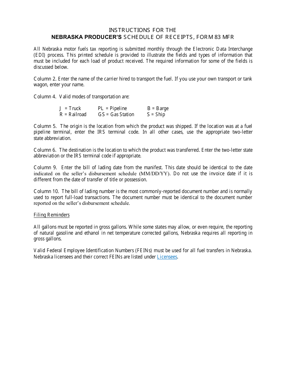 Form 83 MFR Nebraska Producers Schedule of Receipts - Nebraska, Page 2