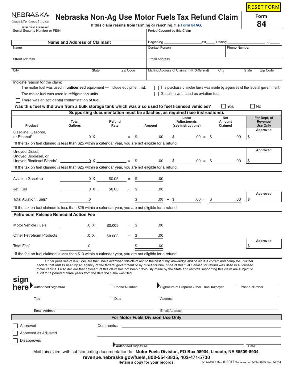 Form 84 Nebraska Non-ag Use Motor Fuels Tax Refund Claim - Nebraska, Page 1